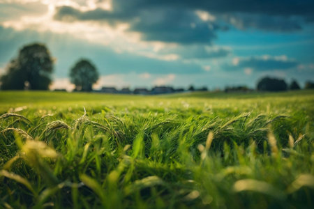 Green wheat field at sunset. Beautiful summer landscape. Selective focus.の素材