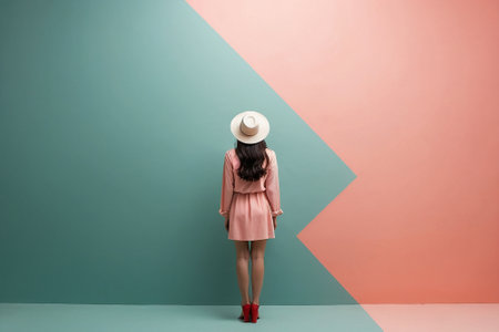 back view of Asian woman wearing hat standing on colorful wall backgroundの素材