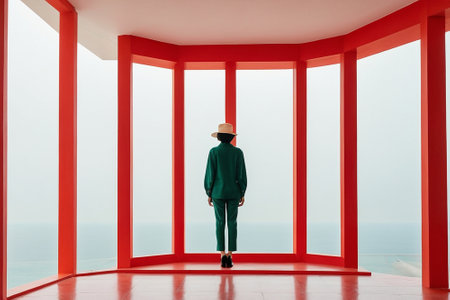 back view of stylish woman in hat and green jacket standing in room with panoramic viewの素材
