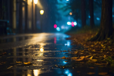 Wet asphalt road at night with falling leaves and bokeh lights.の素材