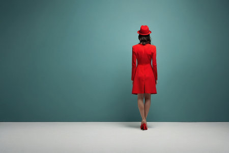 back view of young woman in red dress and hat standing on color backgroundの素材