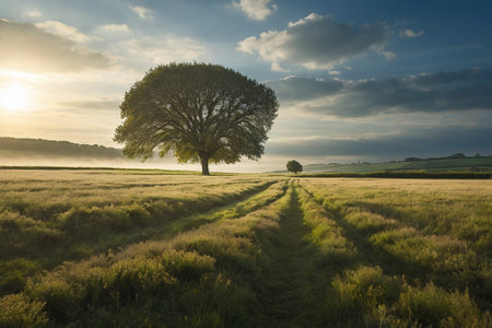Lonely tree in a meadow at sunrise in summer.の素材