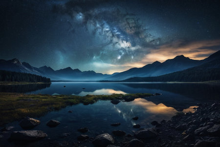 Milky Way over the lake with reflection of mountains in water.の素材