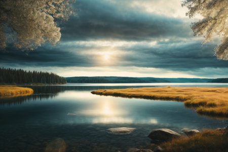 Sunset over a lake in Yellowstone National Park, Wyoming, USAの素材