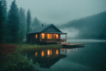 Wooden house on the shore of a lake in the fog.の素材