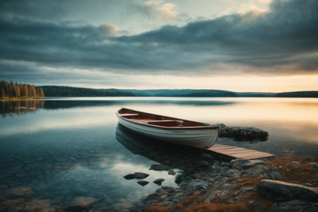 Small wooden boat on the lake shore. Dramatic overcast skyの素材