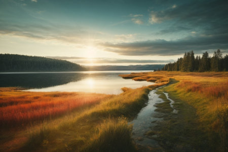 Beautiful sunset over the lake. Beautiful summer landscape. Nature composition.の素材