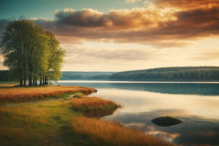 Beautiful spring landscape with lake and trees at sunset, retro tonedの素材