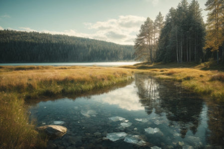 Landscape with a lake in the middle of the autumn forest.の素材