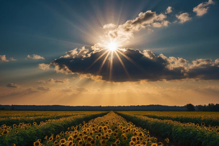 Sunset over a sunflower field with clouds and rays of lightの素材