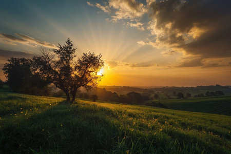 Sunset over a meadow with a lone tree in the foregroundの素材