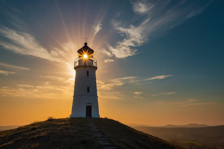 Lighthouse on top of the mountain at sunset, North Sea, Germanyの素材