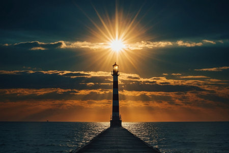 Lighthouse on the pier at sunset. Beautiful seascape.の素材