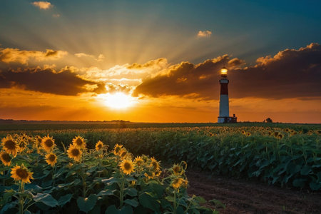 Sunset over a field of sunflowers with a lighthouse in the backgroundの素材