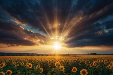 Sunset over sunflower field. Dramatic sky with sun rays.の素材