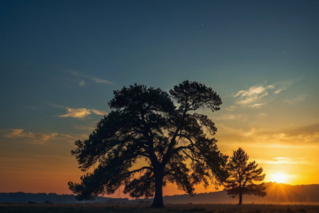 Pine tree silhouette in the field at sunset. Beautiful landscape.の素材