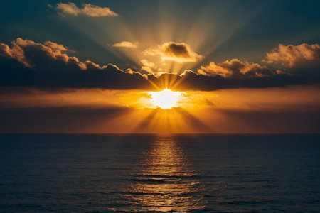 Sunset over the sea. Dramatic sky with sun rays and clouds.の素材