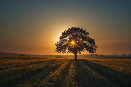 Lonely tree in the field at sunrise. Beautiful landscape.の素材