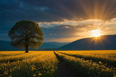 Lonely tree on a field with yellow flowers at sunset.の素材