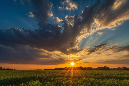 Sunset over corn field in summer. Rural landscape with sunbeams.の素材
