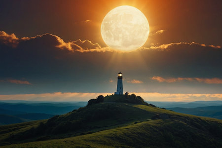 Lighthouse on the top of the mountain at sunset in the moonlightの素材