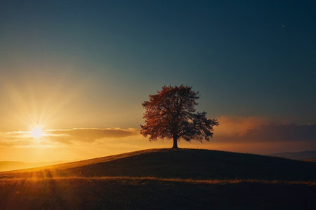 Lonely tree in the meadow at sunset. Autumn landscapeの素材