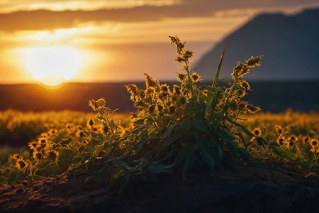 Sunflower field at sunset in Iceland. Beautiful summer landscape with sunflowers.の素材