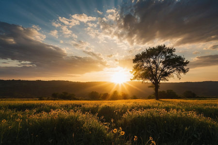 Sunset over a meadow with sunflowers and a treeの素材