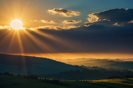 Sunset over the fields and hills in the Carpathian Mountainsの素材