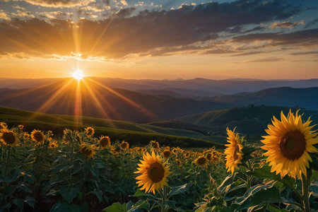 Sunflower field in Tuscany, Italy. Sunset in the mountainsの素材