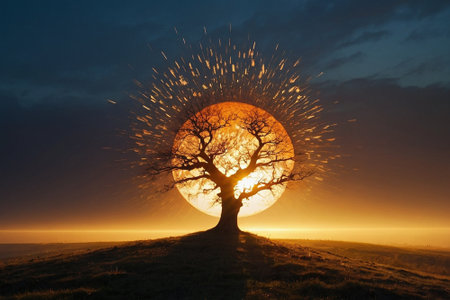 Fantasy landscape with a lonely tree in the rays of the rising sunの素材