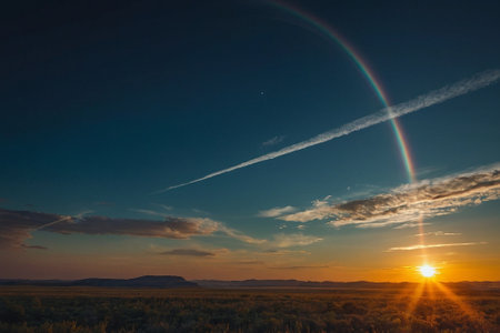 Sunset in the prairie with a rainbow in the sky.の素材
