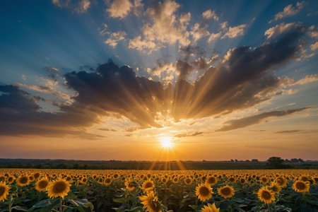 Sunset over sunflower field. Beautiful summer landscape with sunflowers.の素材