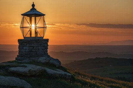 Lantern on the top of a mountain at sunset, Czech Republicの素材