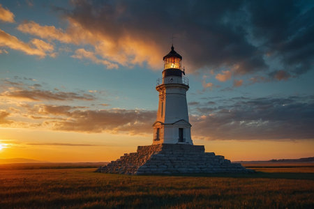 Lighthouse at sunset on a summer evening. Lighthouse at sunset.の素材