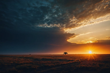 Sunset in the Okavango Delta, Botswana, Africaの素材