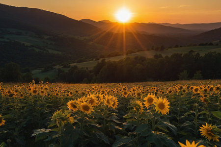Sunset over sunflower field in Carpathian mountains, Ukraineの素材