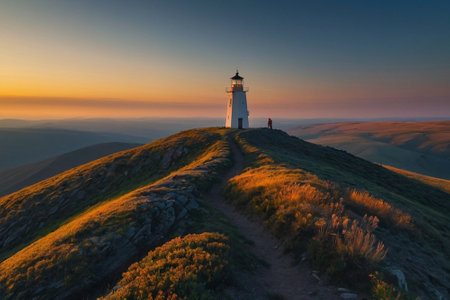 Lighthouse at sunset in the Carpathian Mountains, Ukraine.の素材