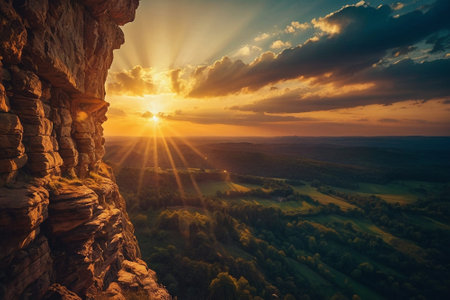 Sunset over the sandstone cliffs of Saxon Switzerland National Park.の素材