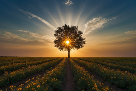 Lonely tree on a field with dandelions at sunsetの素材