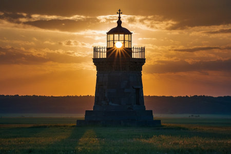 Lighthouse in the field at sunset. The sun goes down.の素材