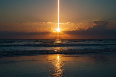 Beautiful sunset over the sea. Sunset over the sea. The sun is reflected in the water.の素材