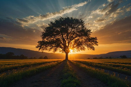 Beautiful sunset in the countryside with single tree in the foreground.の素材
