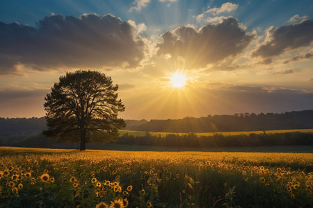 Sunset over sunflower field with a lone tree in the foregroundの素材