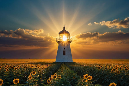Sunset over a lighthouse on a field of sunflowers.の素材
