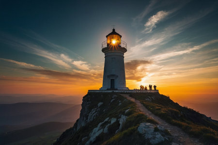 Lighthouse on the top of the mountain in the rays of the setting sunの素材