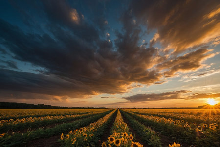 Sunset over sunflowers field in summer. Agricultural landscape.の素材