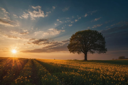 Lonely tree in the field at sunset. Beautiful summer landscape.の素材