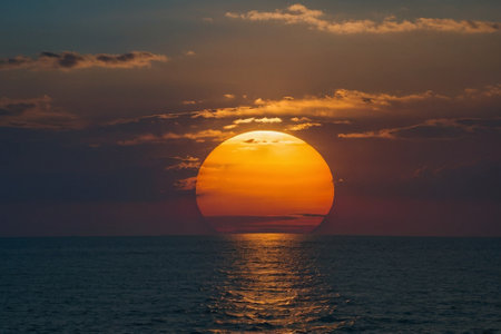 Beautiful sunset over the sea. Sunset on the sea. The sun goes down over the sea.の素材