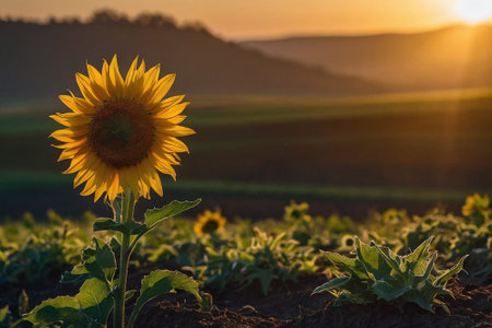 Sunflower in the field at sunset. Beautiful landscape with sunflower.の素材